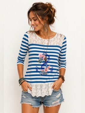Savage Culture T Shirt Top Women’s XL Marine Artsy Lace Nautical Coastal Boho